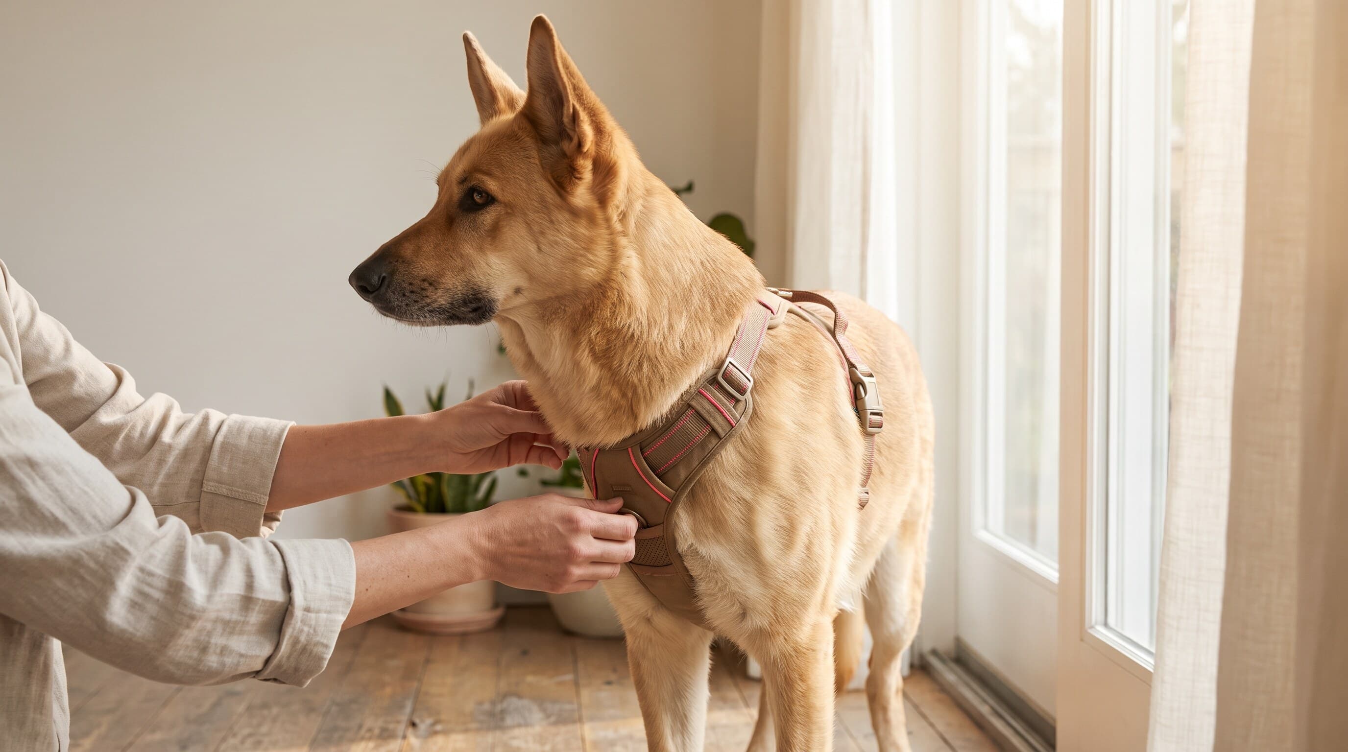 A dog wearing a harness while it is fitted indoors