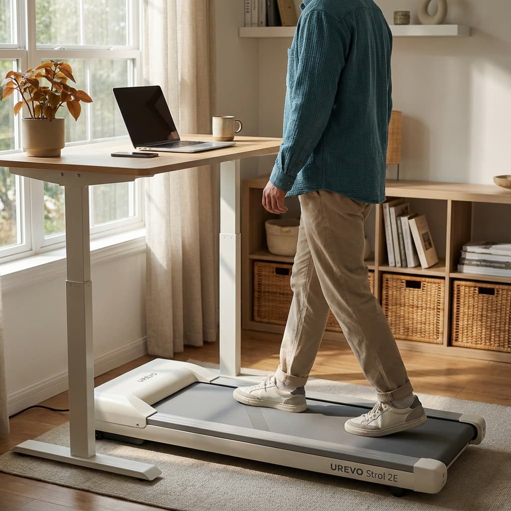 A person walking on the UREVO Strol 2E Pro under a standing desk