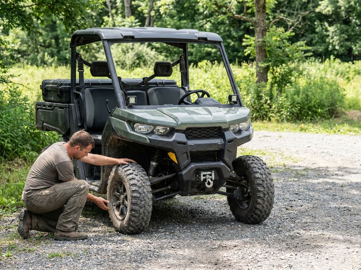 A fully equipped side-by-side UTV on a wooded trail