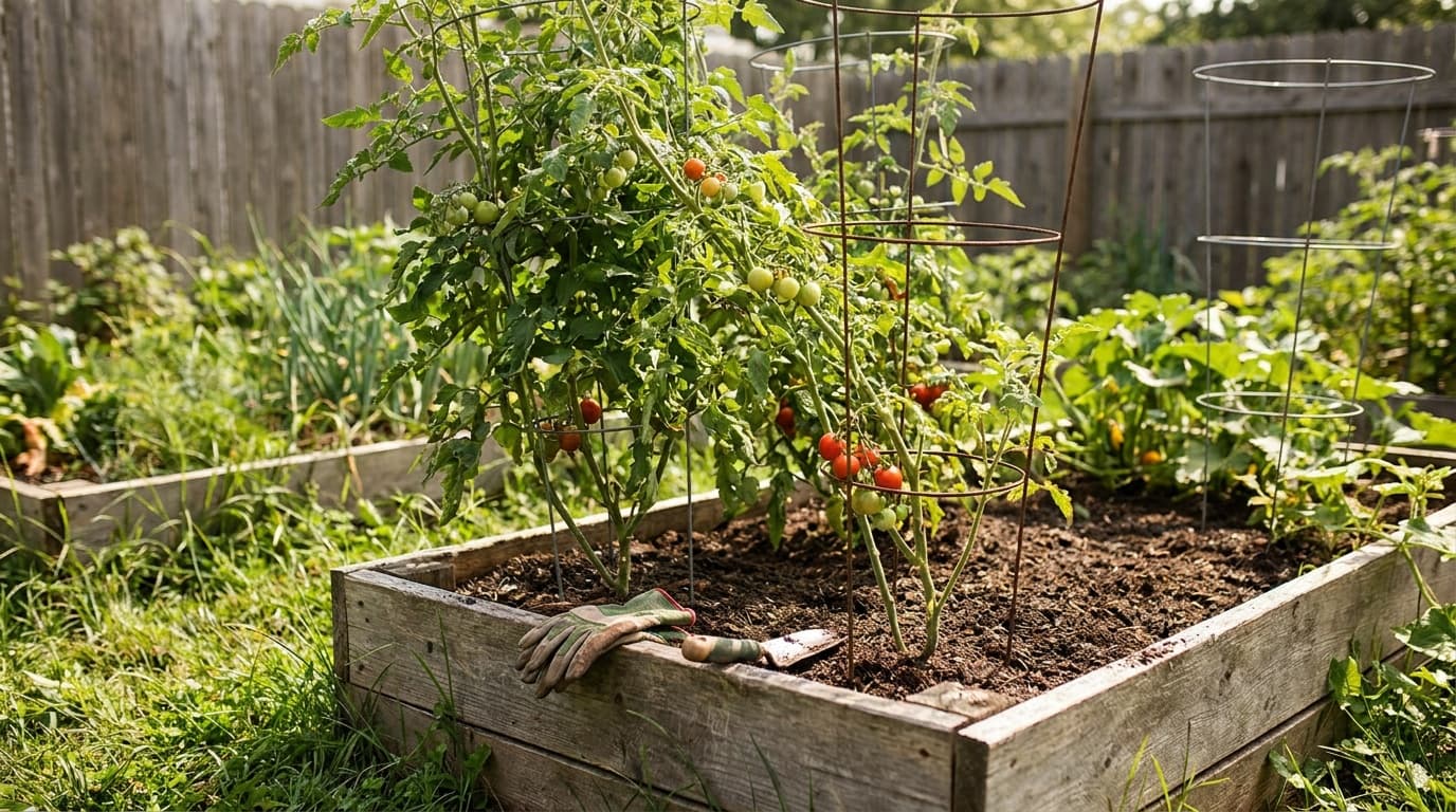Tomato plants supported by cages in a productive garden