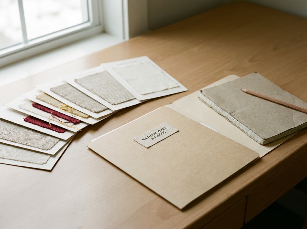 Fabric swatches, an apparel sourcing brief, and a notebook on a worktable