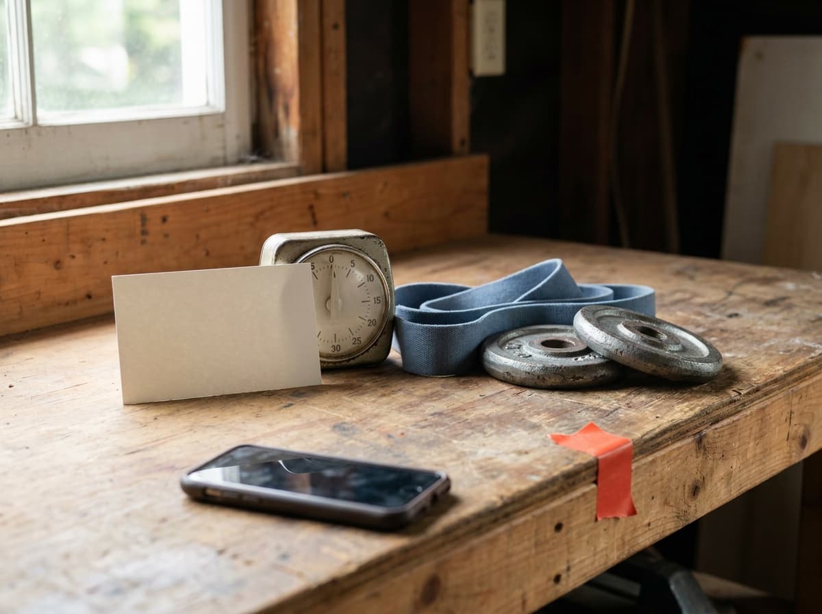 An interval timer, resistance band, and iron plates arranged on a workshop bench beside a phone and note card