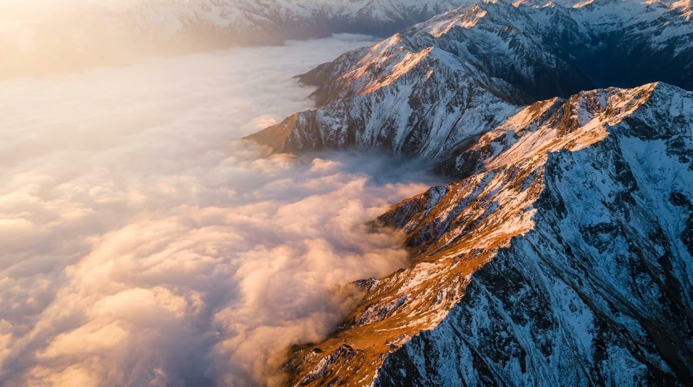 An aerial view of sunlit mountain ridges above cloud cover